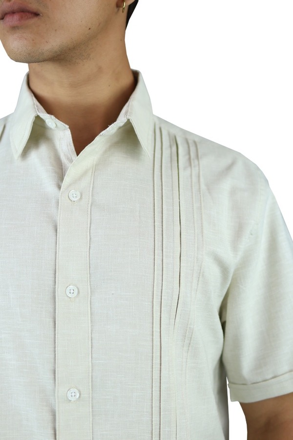 Camisa Manga Corta Color Arena Look Lino Con Alforzas Para Caballero